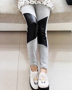 New Korean Fashion Leggings Knee Symmetrical Stitching Leather Leggings female pants tights - ebowsos