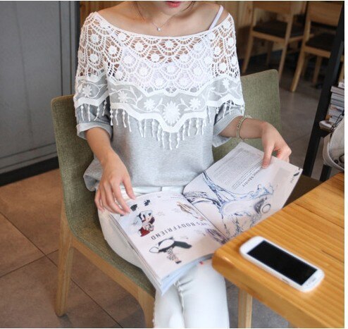 New Women Cotton shirt Handmade Crochet Cape lace Collar t-shirts batwing sleeve blouse tees hollow out female tops - ebowsos