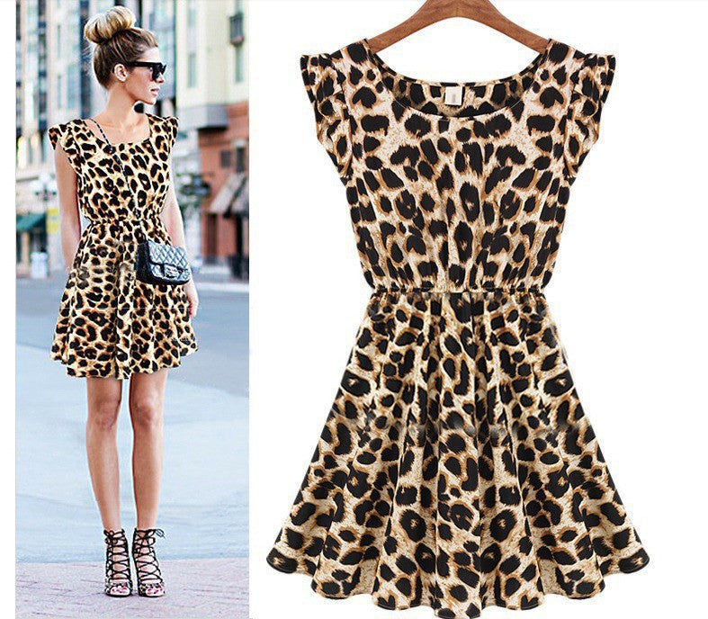 New Spring Women Casual dress Leopard Print Microfiber Summer Dress Women Ruffles Dresses - ebowsos