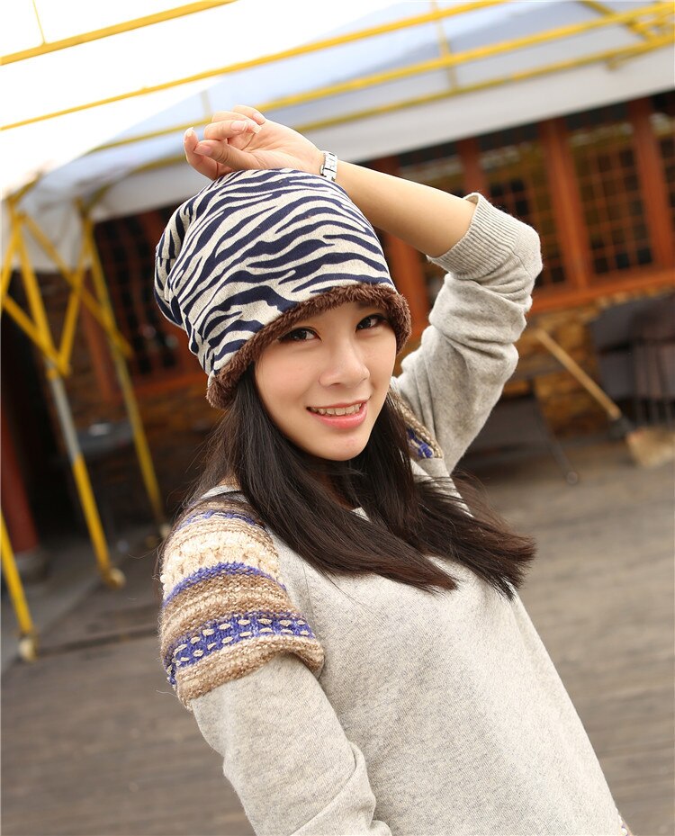 Wholesale Brand Winter Hat Women Beanie Knitted Warm Wool Caps Zebra Grain Skullies Hats For female - ebowsos