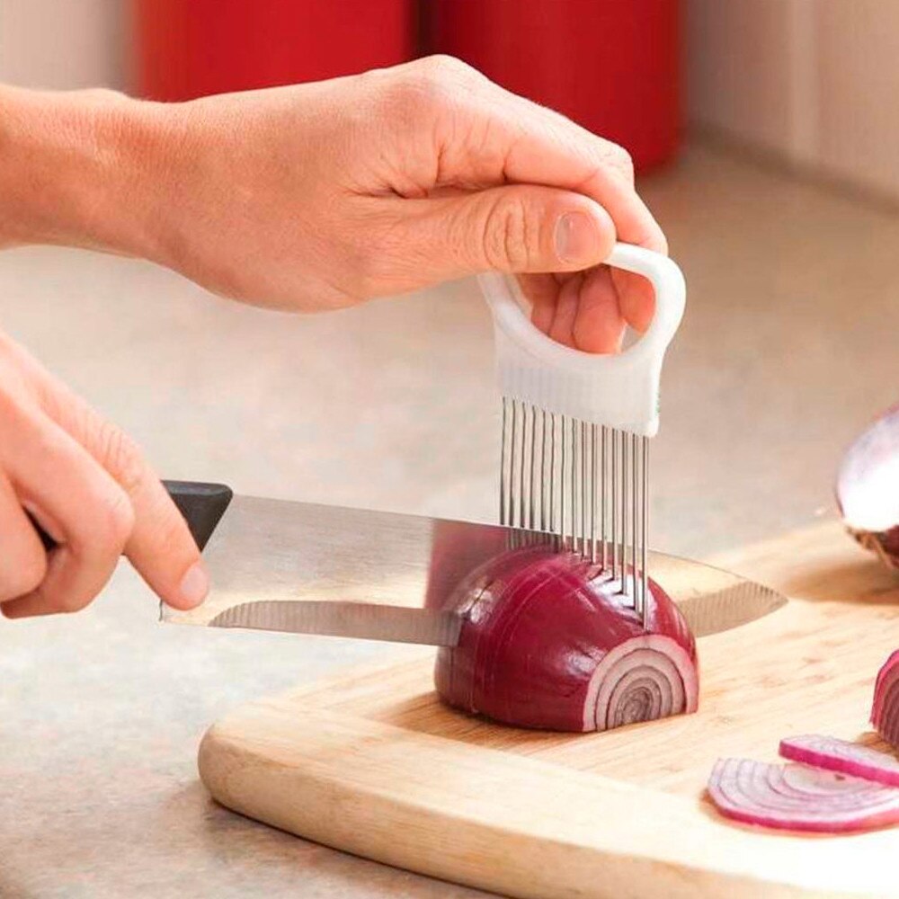 Onion Vegetables Slicer Cutting Tomato Onion Vegetables Slicer Cutting Aid Holder Guide Slicing Cutter Safe Fork Onion Cutter - ebowsos