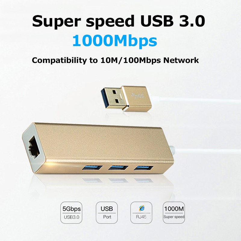 USB3.0 Hub Gigabit Ethernet Network Adapter+3 Port Hub USB 3.0 To RJ45 10/100/1000M Lan Card For Macbook Windows 10 - ebowsos