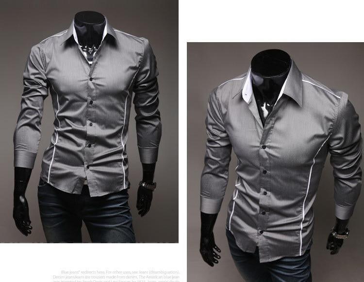 Men's Casual Slim Long Sleeved Personalized Trim Shirts, Gray, Black, White - ebowsos