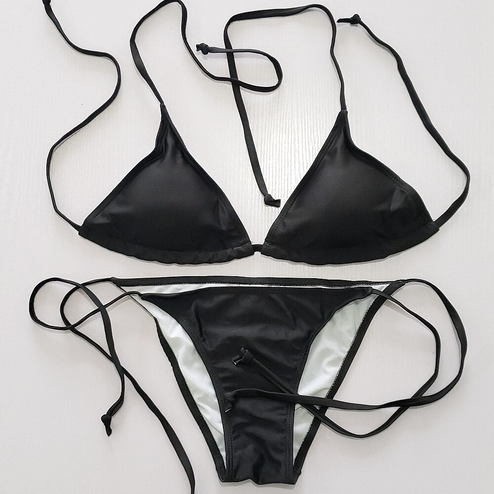 Hottest Classical Black Bikini Solid Plus Size Bikini Set XXL Bathing Suits Removable Pad Fully Lined Women Swimwear - ebowsos