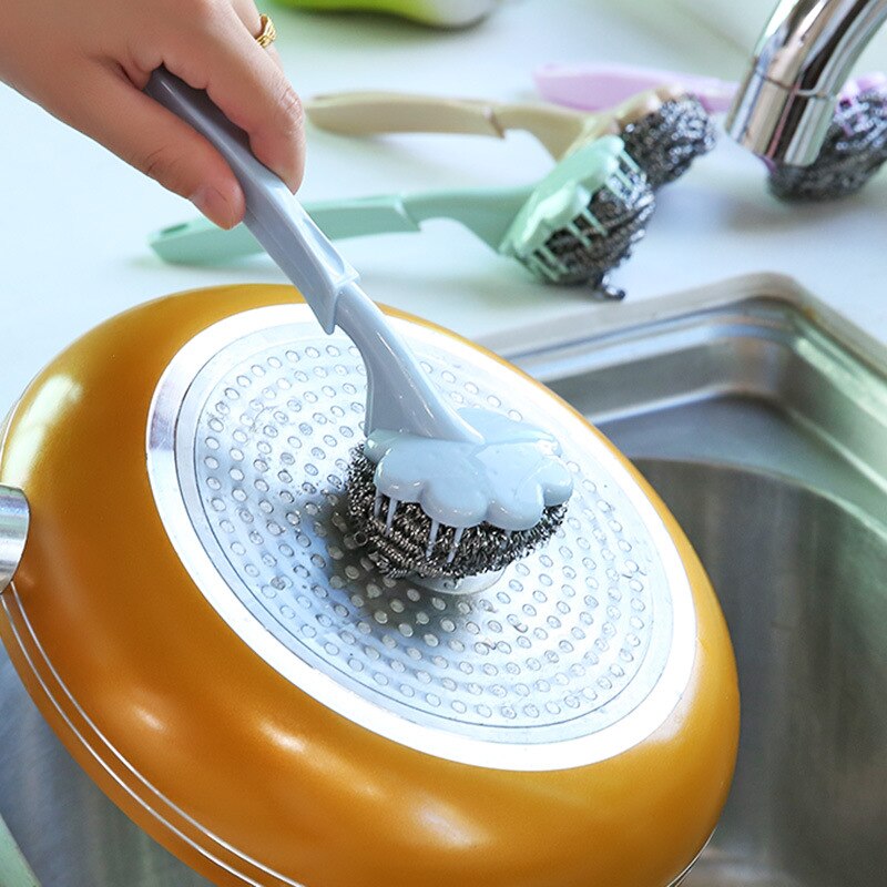 Cleaning Brush Handle Steel Ball Wash Pot Kettle Pan Dish Kitchen Bathroom Tool - ebowsos