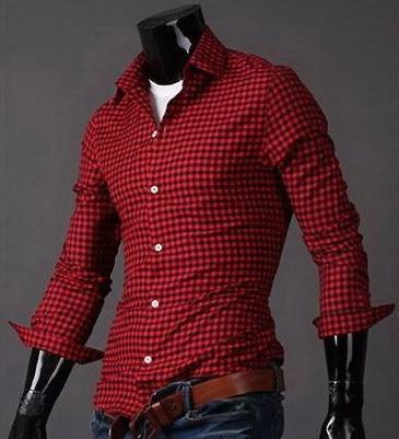 Men's Small/Big Red/Black Plaid Shirts Casual Slim Fit Dress Long Sleeve Shirt - ebowsos