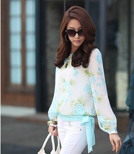 Fashion Women's Chiffon Floral Print Pattern Blouses Casual Puff Long Sleeve Shirt Tops - ebowsos