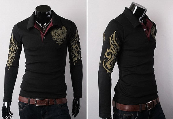 Spring and Autumn Men's Eagle Printing Slim Long Sleeved Pullovers Lapel Collar Polo Shirt - ebowsos