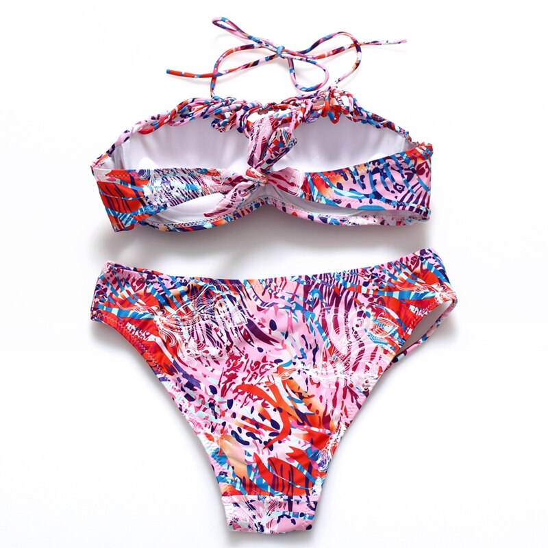 New Arrival Neon Floral Swimsuit High Neck Swimwear Split Bikini Set Underwire Push Up Bikini Binds Knitting Bathing Suits - ebowsos