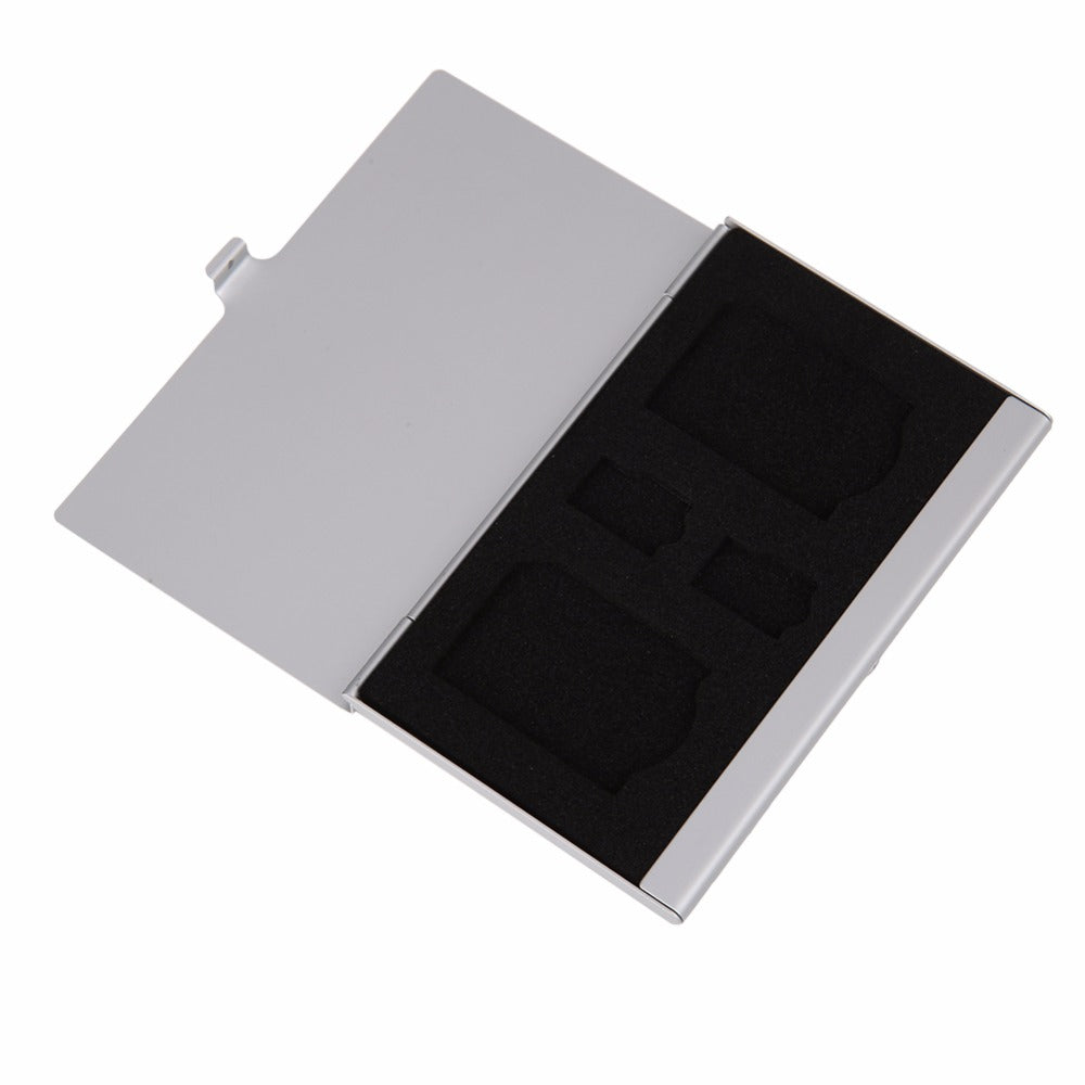 Portable Aluminum Memory card storage case 2 SD+ 2TF Micro SD Cards Pin Storage Box Durable Practical  Case Holder Silver - ebowsos