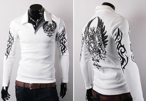 Spring and Autumn Men's Eagle Printing Slim Long Sleeved Pullovers Lapel Collar Polo Shirt - ebowsos