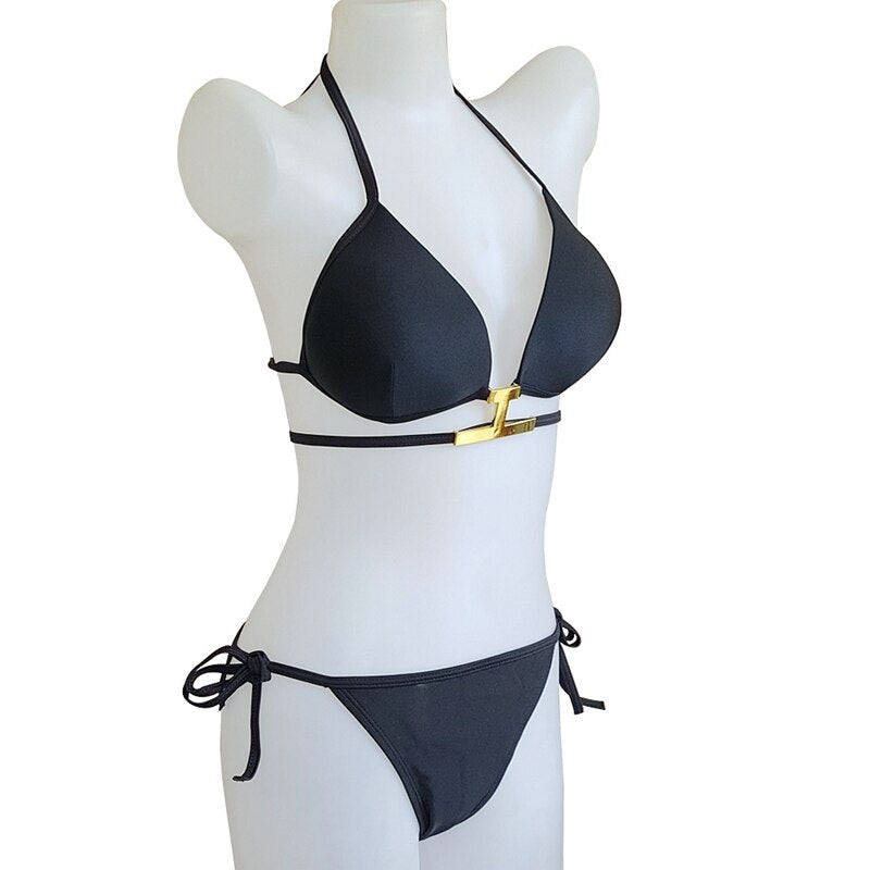 Neck Halter Strappy Bikini Push Up Swimwear String Swimsuit Metal Plate Black Bikini Set Beach Spa Bathing Suits Women - ebowsos