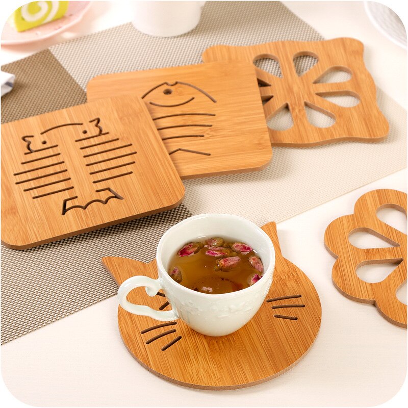 Cute Cat Fish Cup Pad Tea Coffee Cup Mat Hollow Out Wooden Carved Coasters Bowl Pad Placemat Kitchen Accessories - ebowsos