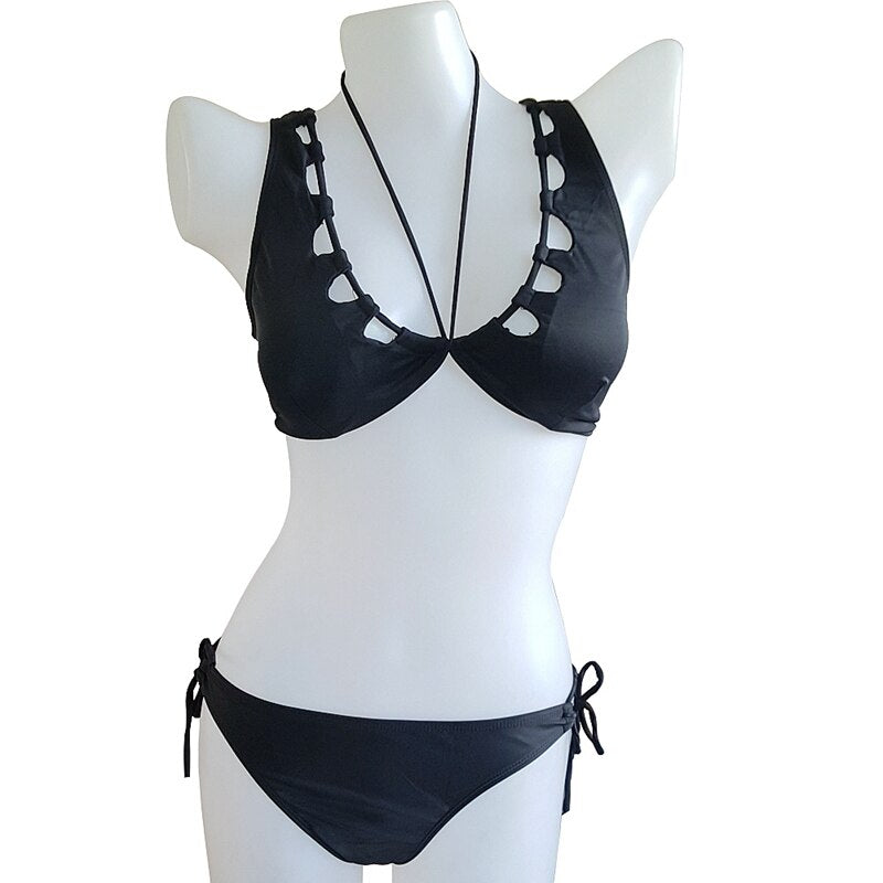Multi-wears Hollow Out Bikini Female Black Swimsuit Adjustable-ties Swimming Suit Women Bandage Swimwear Bikini Set - ebowsos