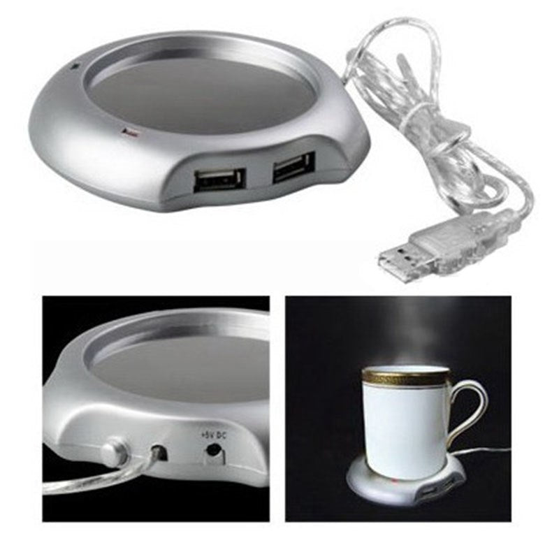 USB Warmer Sliver Warm Tea Coffee Cup Mug Warmer USB Heater Pad With 4 USB Port Hub With On/Off Switch - ebowsos