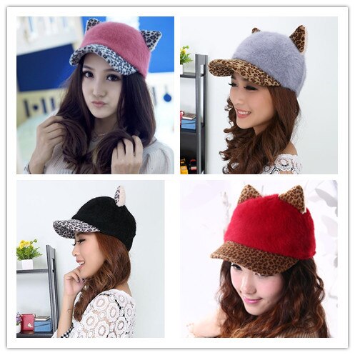 Korean Version Fashion New Cute Cat Ear Leopard Hats Baseball Caps For Women Winter Warm Hats Free Size 11 Colors - ebowsos