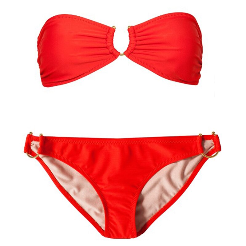 Most Popular Bandeau Top Swimsuit Vintage U Ringed Beach Bikini Set Removable Push Up Padded Swimwear Women Bikini 2019 - ebowsos