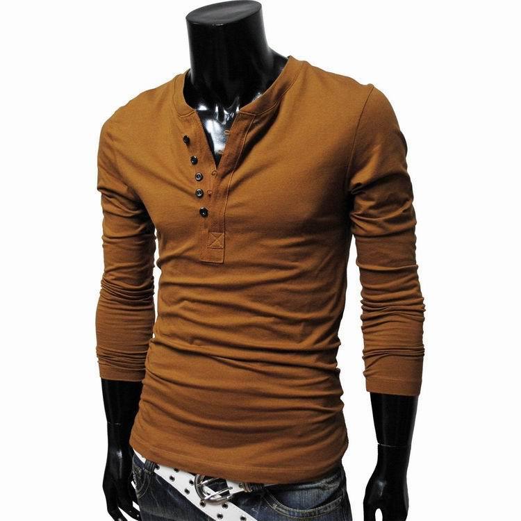 Spring and Autumn Men's Lycra Cotton Casual Slim Long Sleeved Single-breasted Round Neck Pullovers Bottoming Shirt T-shirts - ebowsos