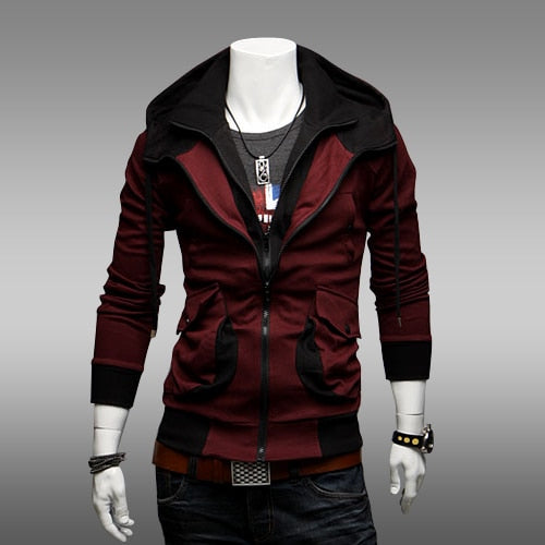 Spring and Autumn Men's Double Collar Double Zipper Long Sleeve Hooded Cardigan Hoodies Sweater Outwear - ebowsos