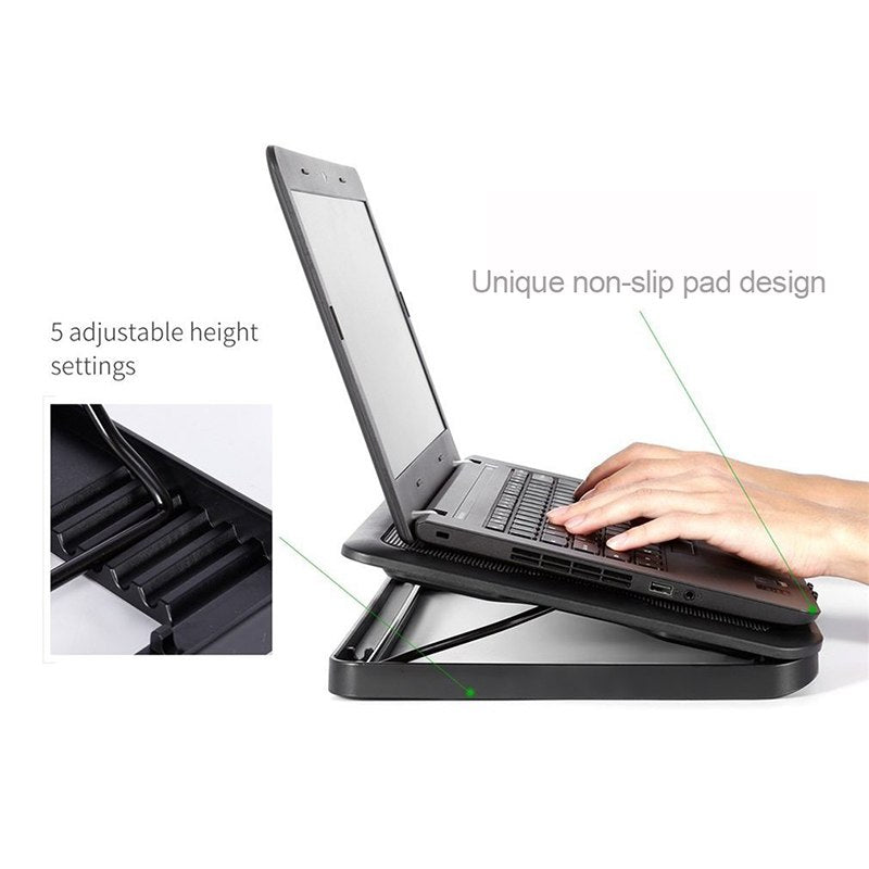 Laptop Cooler Pad 14" 15.6" 17" With 5 Fans 2 USB Port Slide-proof Stand Cooler Notebook Cooling Fan With LED Light - ebowsos