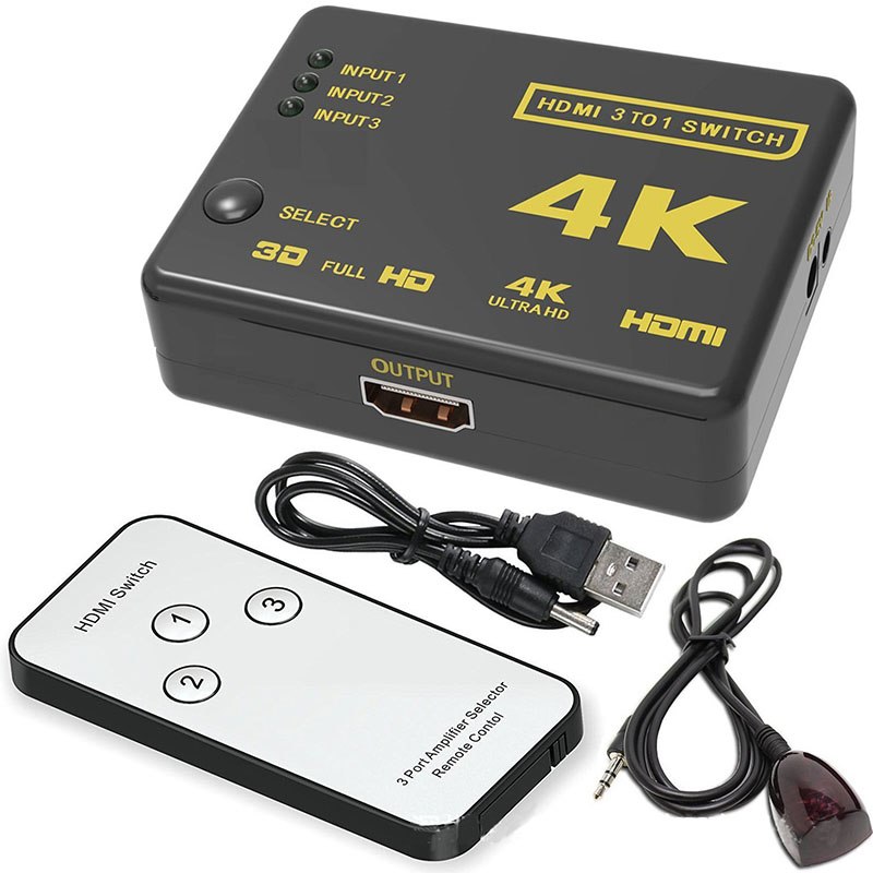 4K HDMI Switcher with Remote Controller HDMI Hub Repeater IR Extender Receiver 3 in To 1 out switcher for HDTV HD-DVD - ebowsos