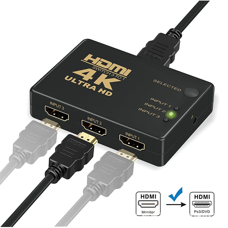 4K HDMI Switcher with Remote Controller HDMI Hub Repeater IR Extender Receiver 3 in To 1 out switcher for HDTV HD-DVD - ebowsos
