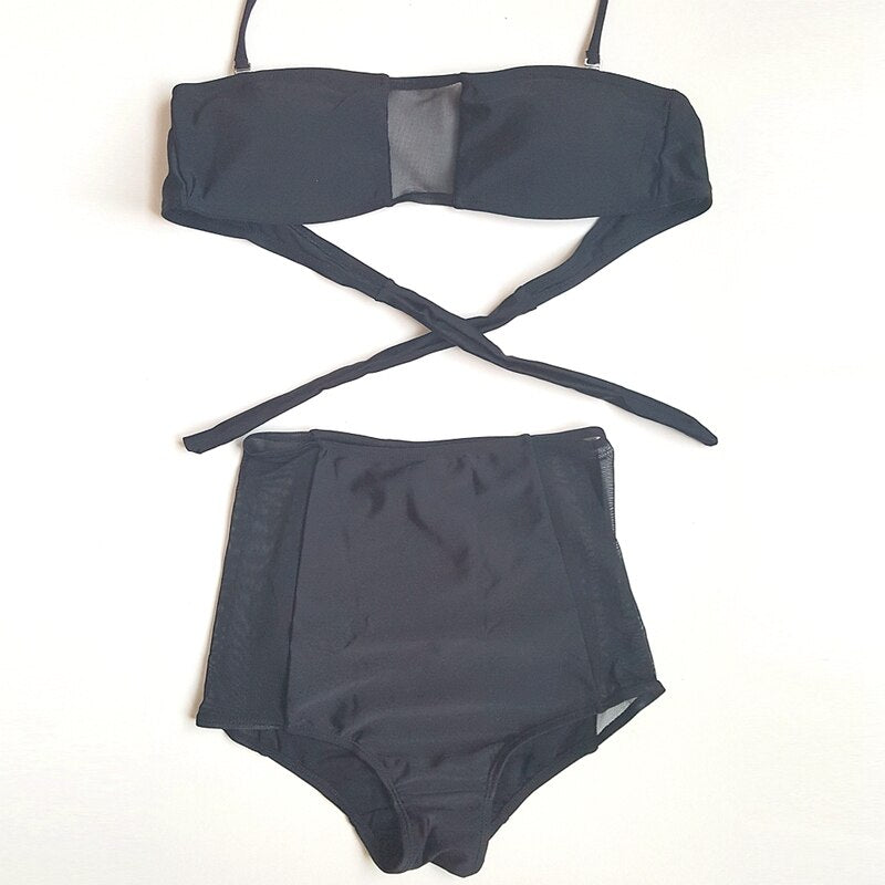 Hot Sale Black Swimsuit Two-pieces Women Bandeau Bikini Set High Waist Swimwear Female Bathing Suits Mesh Maillot Femme - ebowsos