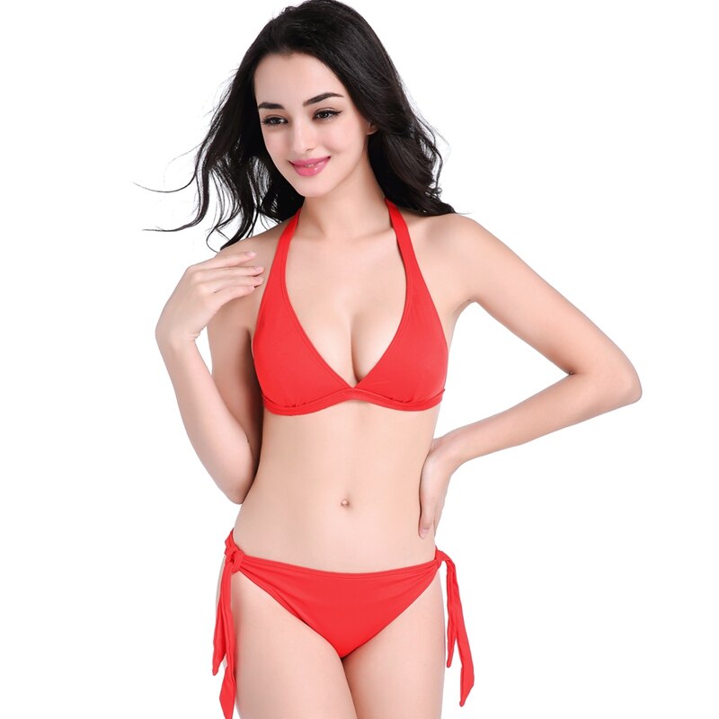 2019 Red Swimsuit Retro Bikini Women Sexy Bikini Ladies Swimsuit Sports Swimwear Plunge Halter Bandage Knitted Bikini Set - ebowsos