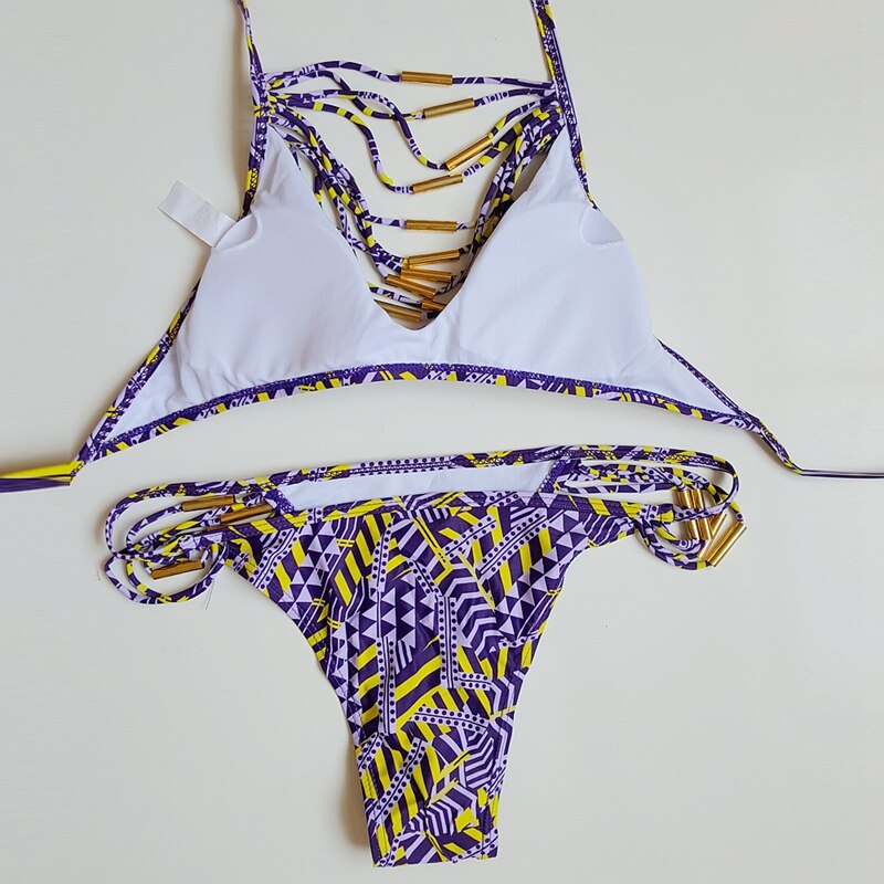 European American Sexy Wild String Tassel Bandage Bikini Swimwear Personality Totem Print Swimsuit Bathers Drop Shipping - ebowsos