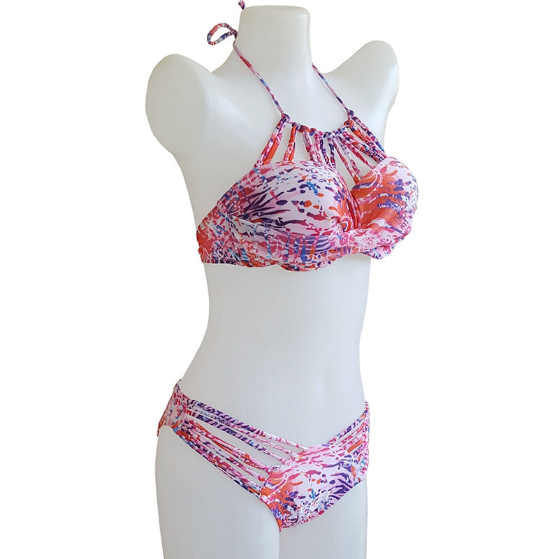 New Arrival Neon Floral Swimsuit High Neck Swimwear Split Bikini Set Underwire Push Up Bikini Binds Knitting Bathing Suits - ebowsos