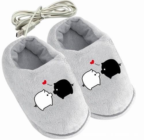 1 Pair USB Powered Cushion Shoes Electric Heat Slipper USB Gadget Cute Grey Piggy Plush USB Foot Warmer Shoes - ebowsos