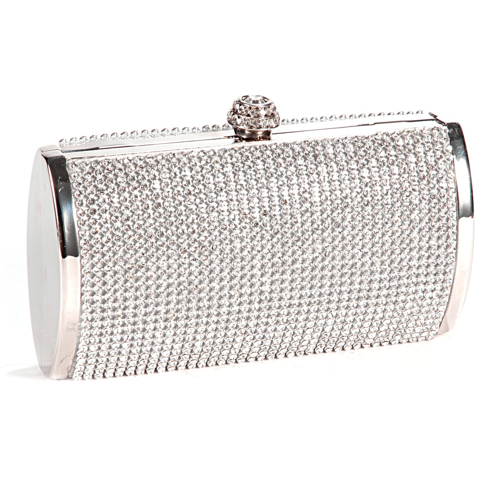 Handbag Pouch Wallet Rigid Metallic Deco Rhinestones for Woman Girl Silvery - ebowsos