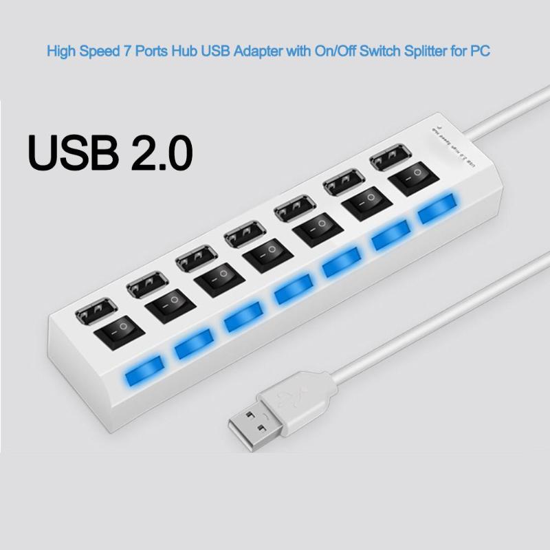 High Speed 7 Ports Hub USB Adapter with On/Off Switch USB Splitter for PC Computer Laptop With Blue LED for Power - ebowsos
