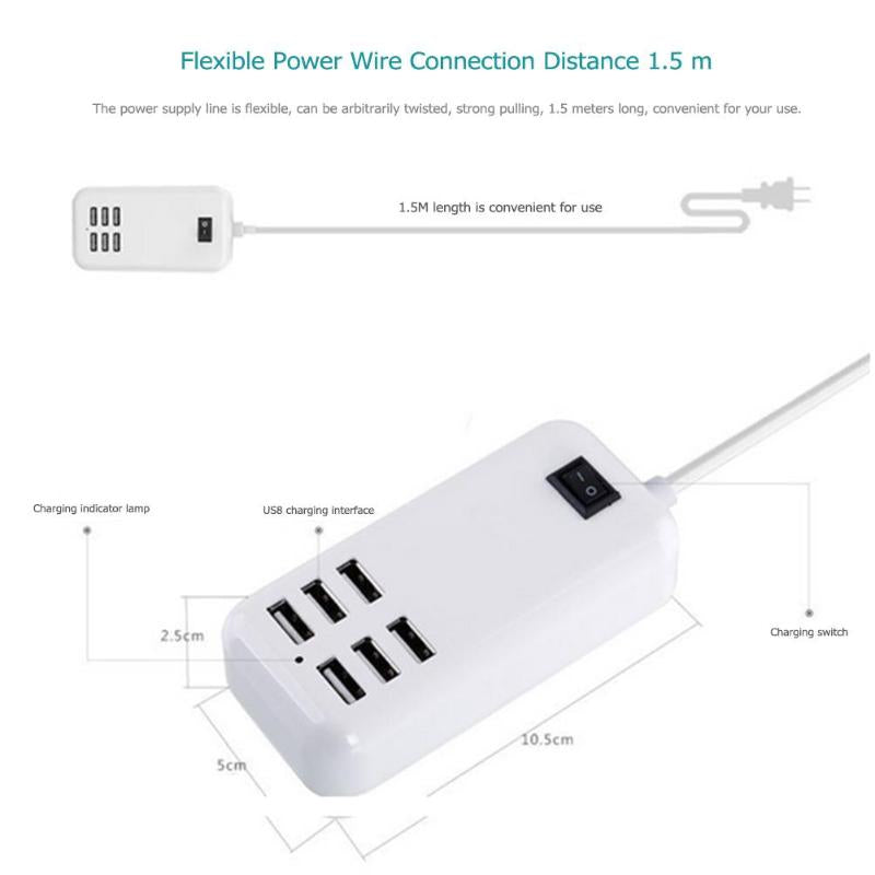 Home Travel 3A Fast Charging Charger Wall Power Adapter 6 Ports USB Socket Hub +1 Switch for Phone Tablet PC High Quality - ebowsos