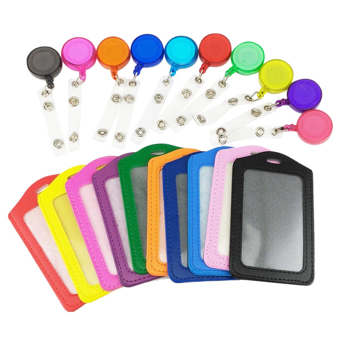 Hot-Pack of 10 Leather ID Badge Card Holder with Retractable ID Badge Reel - ebowsos