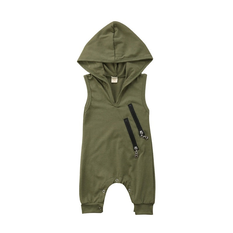 Hot Selling Lovely Baby Boys Sleeveless Rompers Army Green Hooded Rompers For Newborn Baby Boys Casual Jumpsuit Outfit Clothes - ebowsos