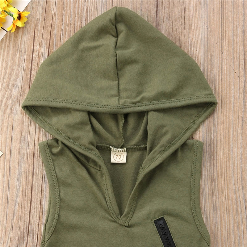 Hot Selling Lovely Baby Boys Sleeveless Rompers Army Green Hooded Rompers For Newborn Baby Boys Casual Jumpsuit Outfit Clothes - ebowsos