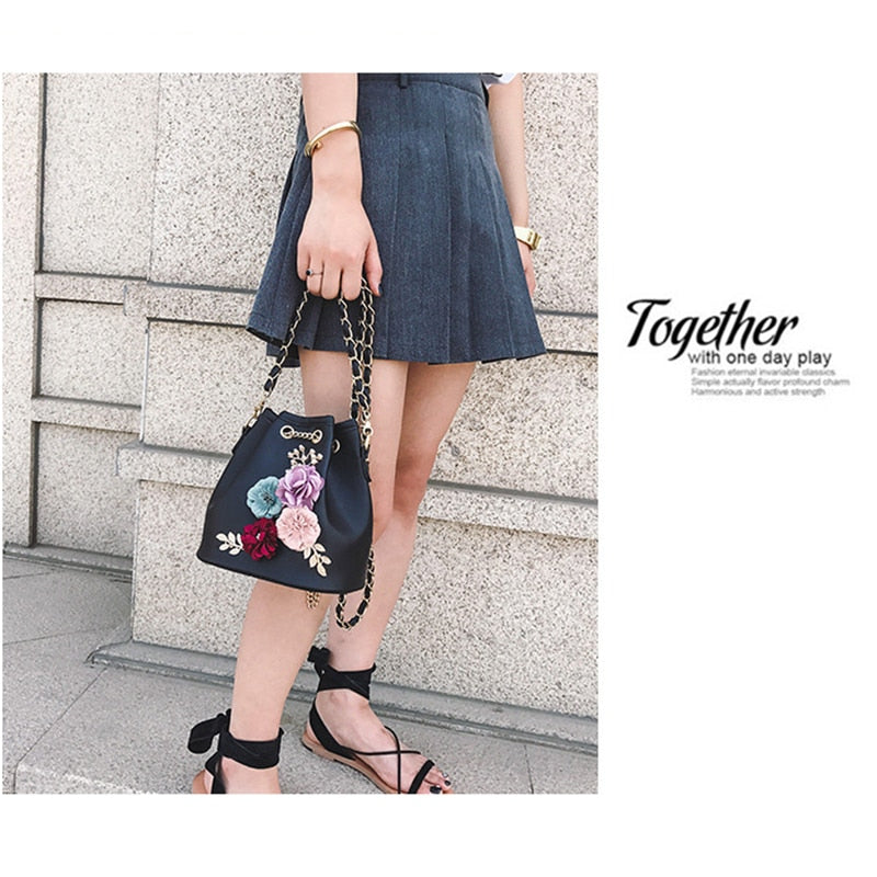 Hot sale Fashion New Women's Bag Fashion Pure Color Bucket Bag Flowers Small Fresh Shoulder Messenger Bag(Black) - ebowsos