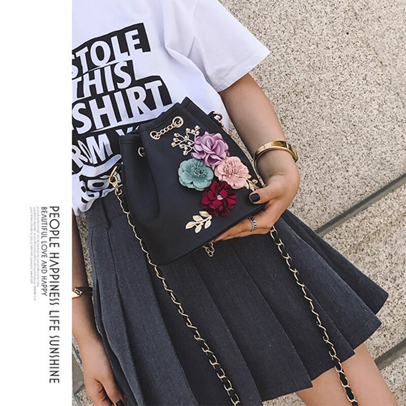 Hot sale Fashion New Women's Bag Fashion Pure Color Bucket Bag Flowers Small Fresh Shoulder Messenger Bag(Black) - ebowsos