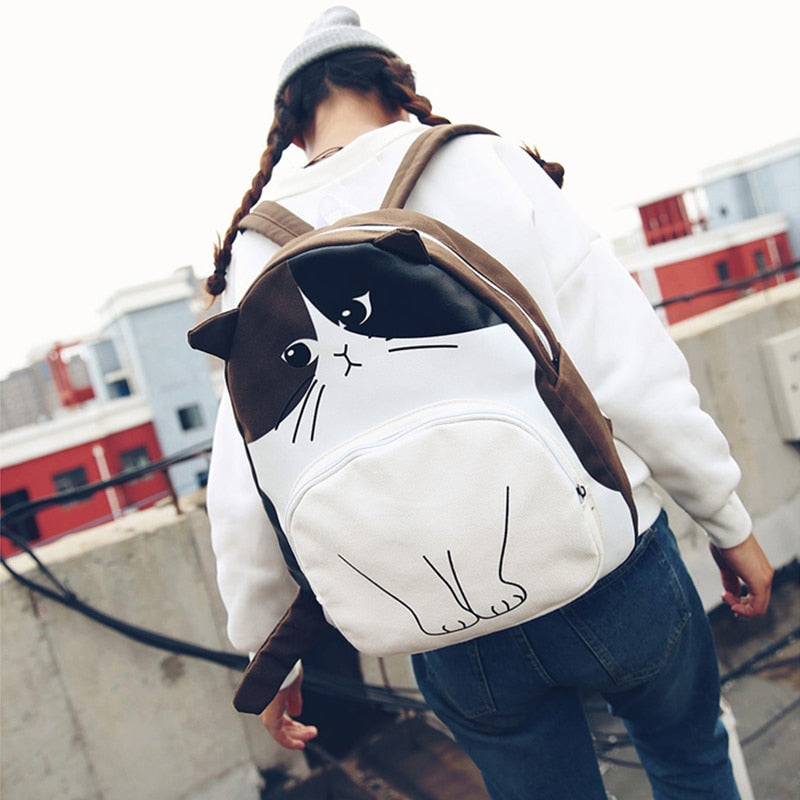 Hot sale Lovely Cat Backpack Casual Canvas Backpacks School Bag Women Cute Rucksack Bookbags - ebowsos