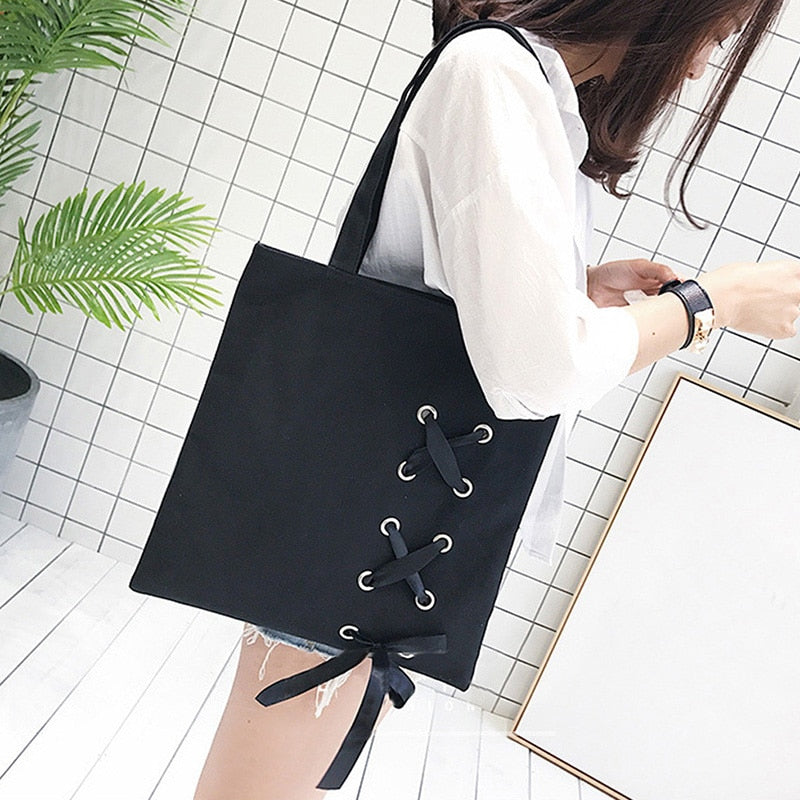 Hot sale New Women's Casual Lace-up Canvas Tote Bag Female Canvas Shoulder Bags crossbody bags for women Beach bag bolso mujer - ebowsos