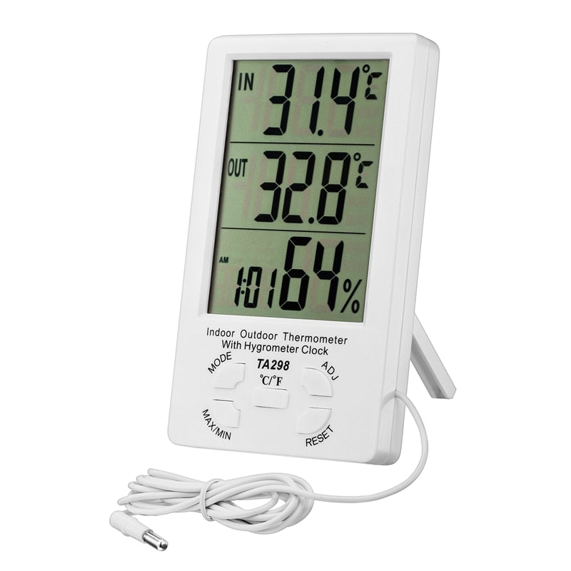 Indoor Outdoor Thermometer Hygrometer Clock Alarm Digital LCD Min Max Value Display C/F Temperature Humidity Meter 1.5M Sensor - ebowsos