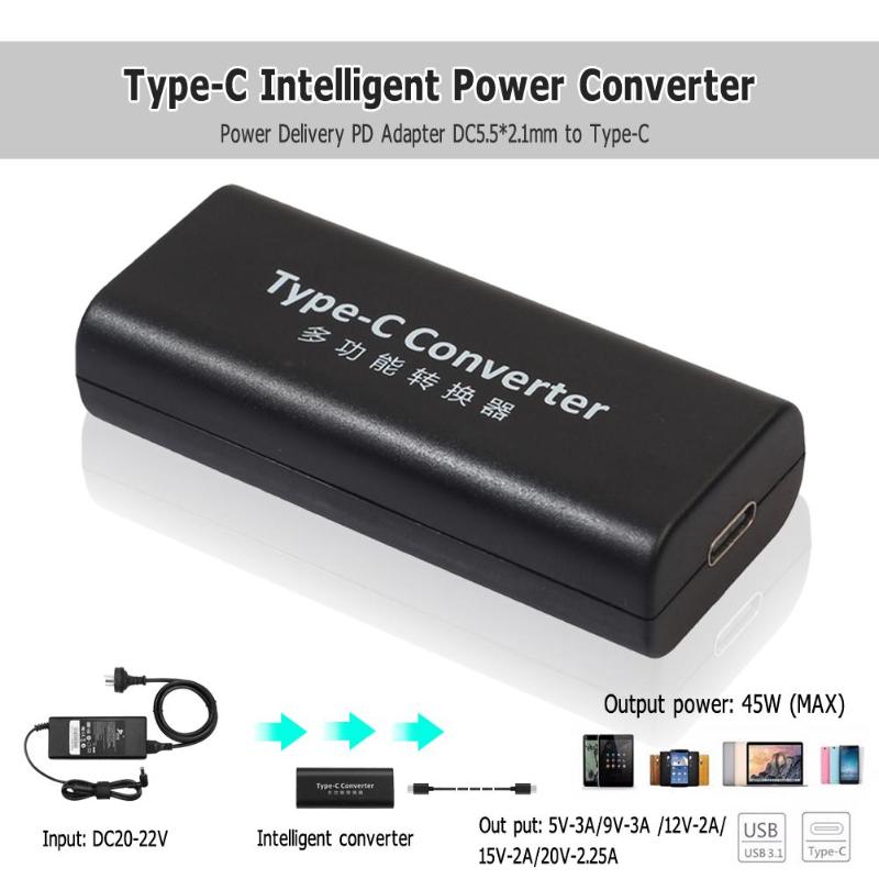 Intelligent Smart Power Adapter DC 5.5mm x 2.1mm to USB Type-C Jack Power Delivery PD Converter for Laptop Desktop PC Promotion - ebowsos