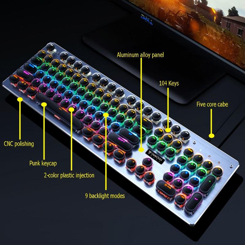 K11 Punk Keycap 104 Keys USB Wireless Blue Switch Backlit Mechanical Gaming Keyboard for PC Computer Gamer High Quality Keyboard - ebowsos