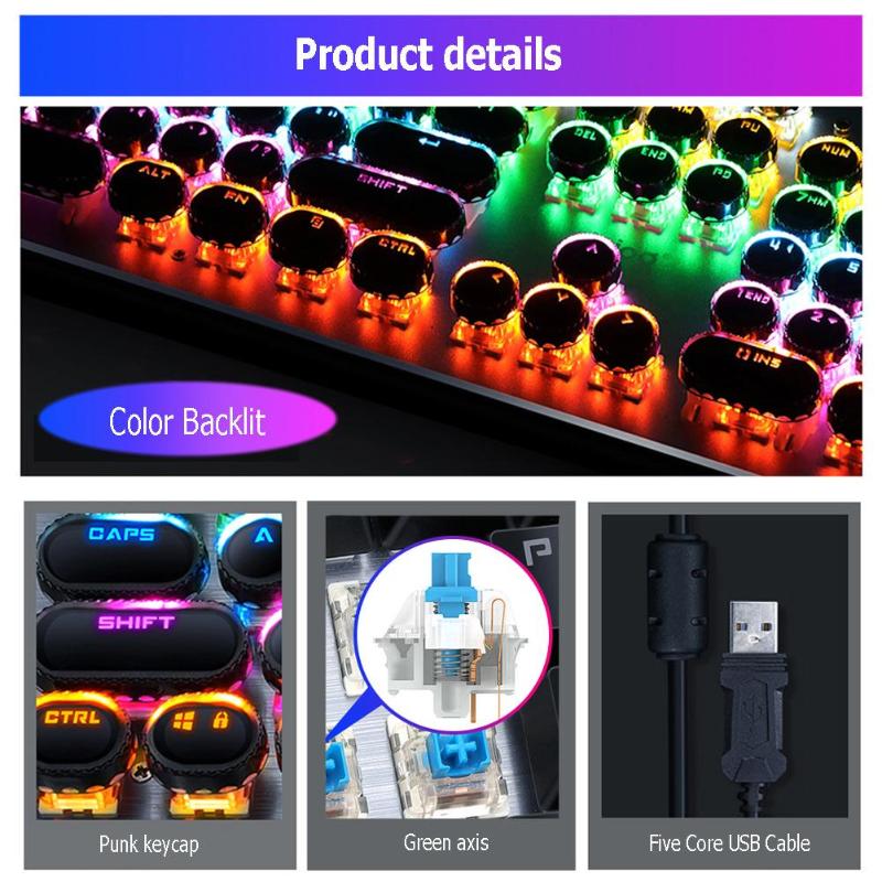 K11 Punk Keycap 104 Keys USB Wireless Blue Switch Backlit Mechanical Gaming Keyboard for PC Computer Gamer High Quality Keyboard - ebowsos