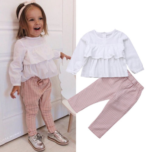 Kids Baby Girl Autumn Outfits Clothes Ruffled Tops Blouse Plaid+Pants 2PCS Set Cotton Girl Clothing - ebowsos