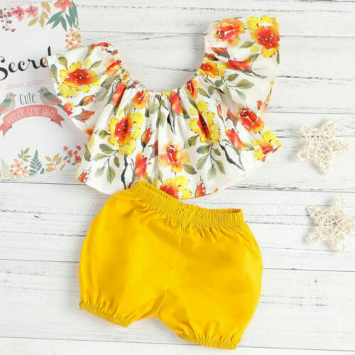 Kids Baby Girl Clothes Floral Sleeveless Ruffled Tops+Shorts Outfits 2Pcs Set Cute Newborn Clothing - ebowsos