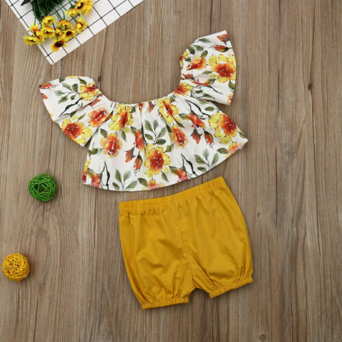 Kids Baby Girl Clothes Floral Sleeveless Ruffled Tops+Shorts Outfits 2Pcs Set Cute Newborn Clothing - ebowsos