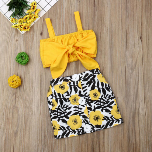 Kids Baby Girls Clothes Sets Yellow Sleeveless Bow Vest Tops Floral Button Skirt Outfits Sunsuit - ebowsos
