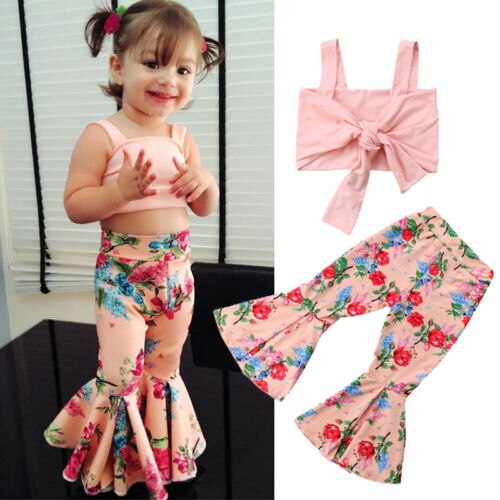 Kids Baby Girls clothes off shoulder strap solid sleeveless Tops Flower print Pants 2pc cotton casual Summer Clothes - ebowsos